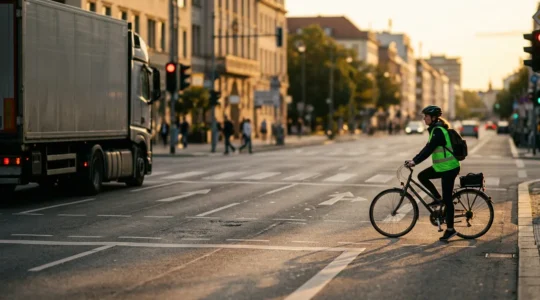 Un cycliste en position sécuritaire derrière un camion à un feu rouge