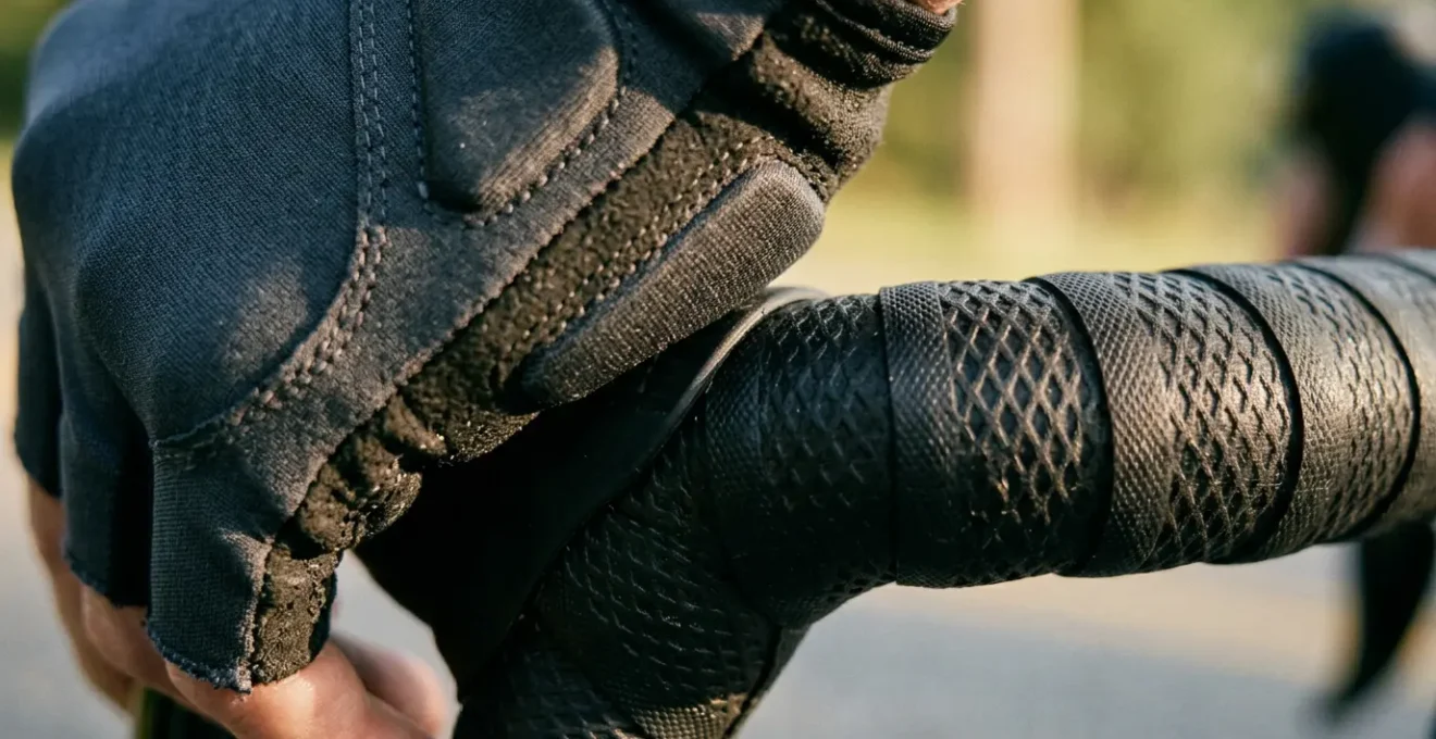 Cycliste ajustant ses gants rembourrés en gel sur un vélo de route avec guidoline épaisse visible