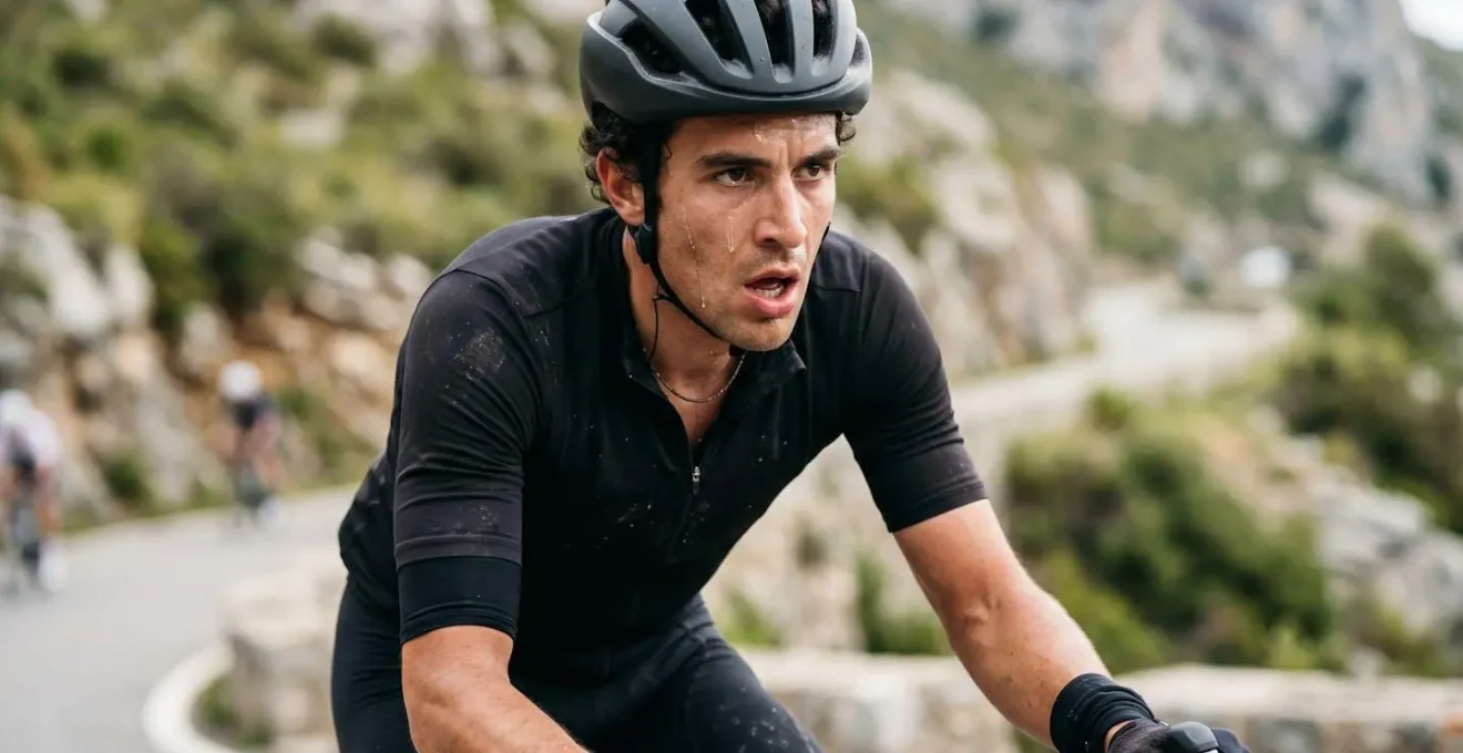 Cycliste en plein effort dans un col de montagne, concentration intense visible