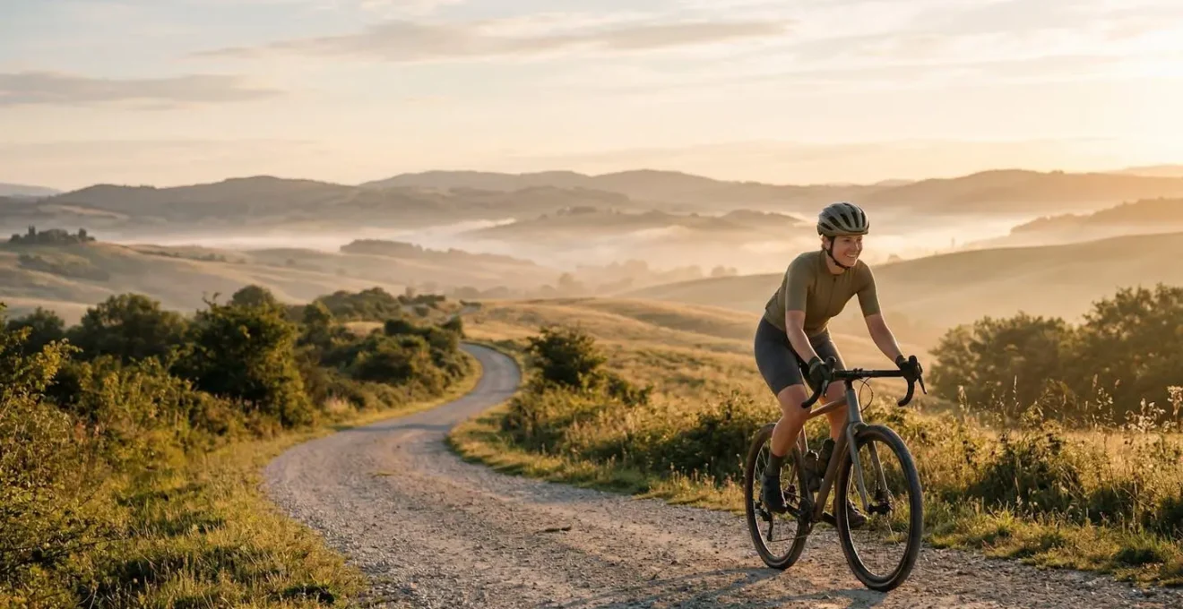 Cycliste profitant d'une balade matinale dans un paysage naturel apaisant