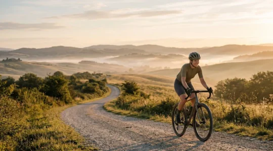 Cycliste profitant d'une balade matinale dans un paysage naturel apaisant