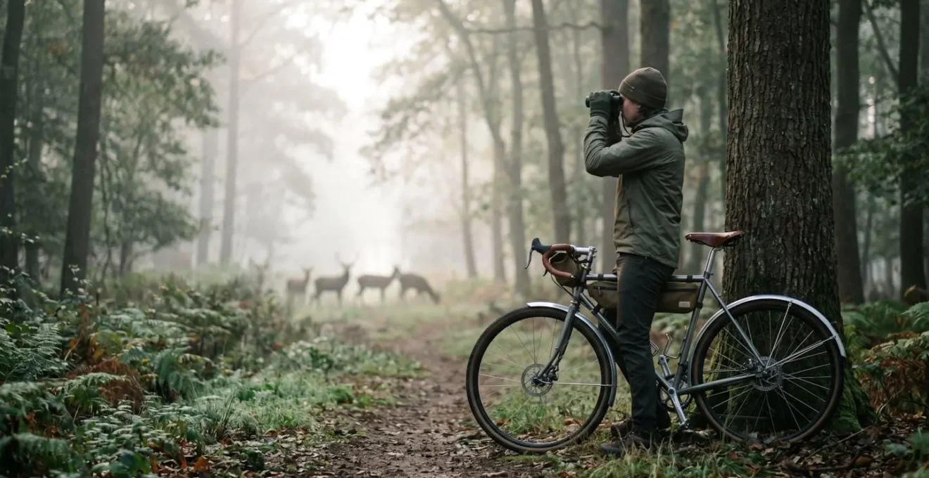 Cycliste à l'arrêt observant discrètement la faune dans la brume matinale