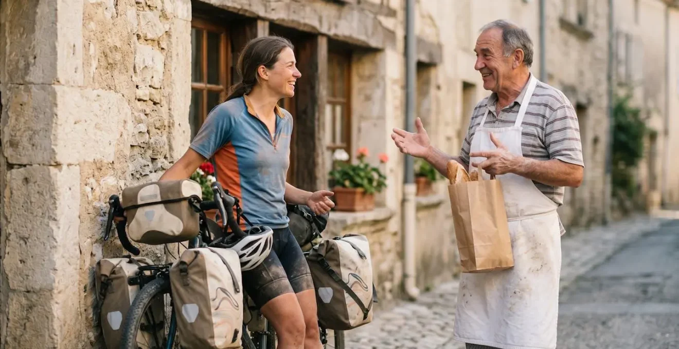 Cycliste discutant avec un boulanger devant une boulangerie de village, vélo chargé appuyé contre le mur