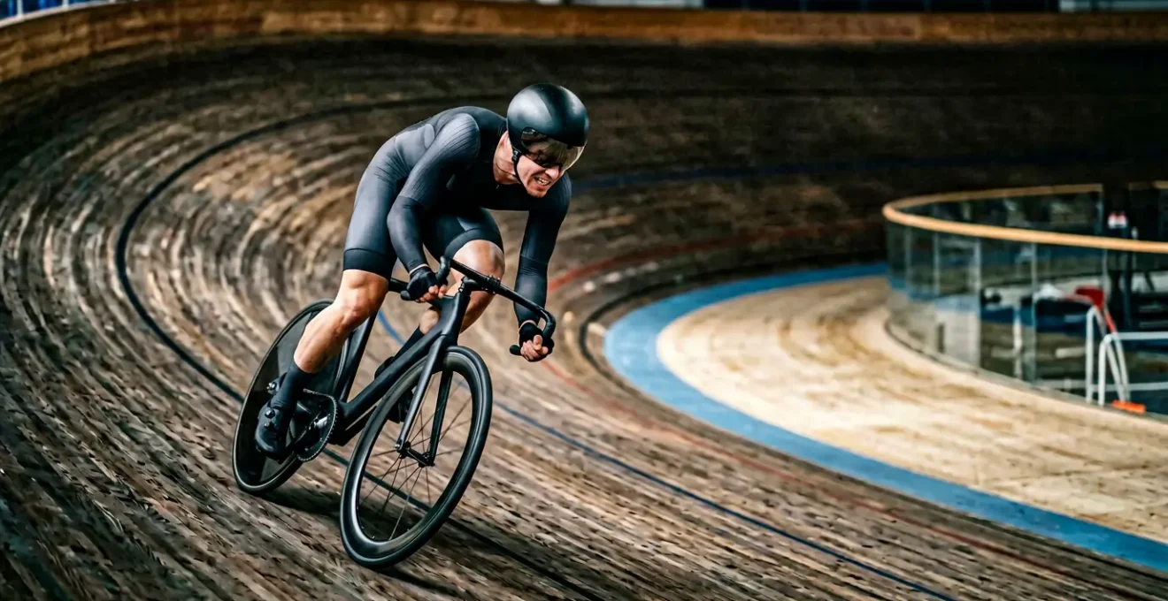 Cycliste en pleine vitesse dans un virage incliné de vélodrome sur vélo pignon fixe