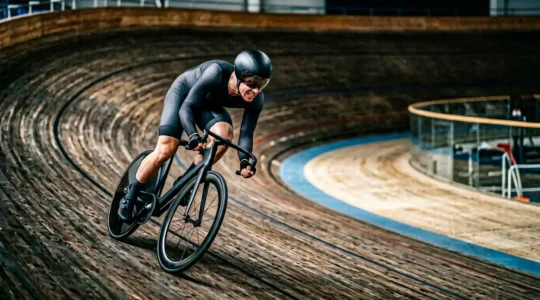 Cycliste en pleine vitesse dans un virage incliné de vélodrome sur vélo pignon fixe
