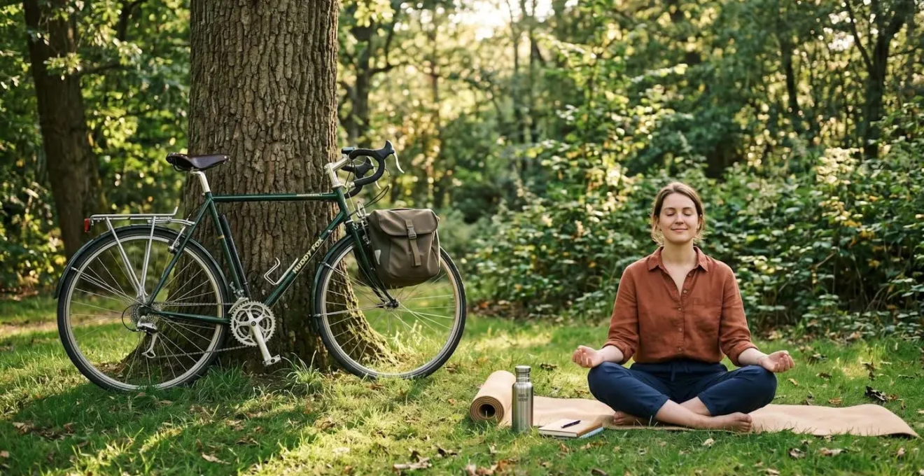Cycliste en position de méditation à côté de son vélo dans un parc paisible