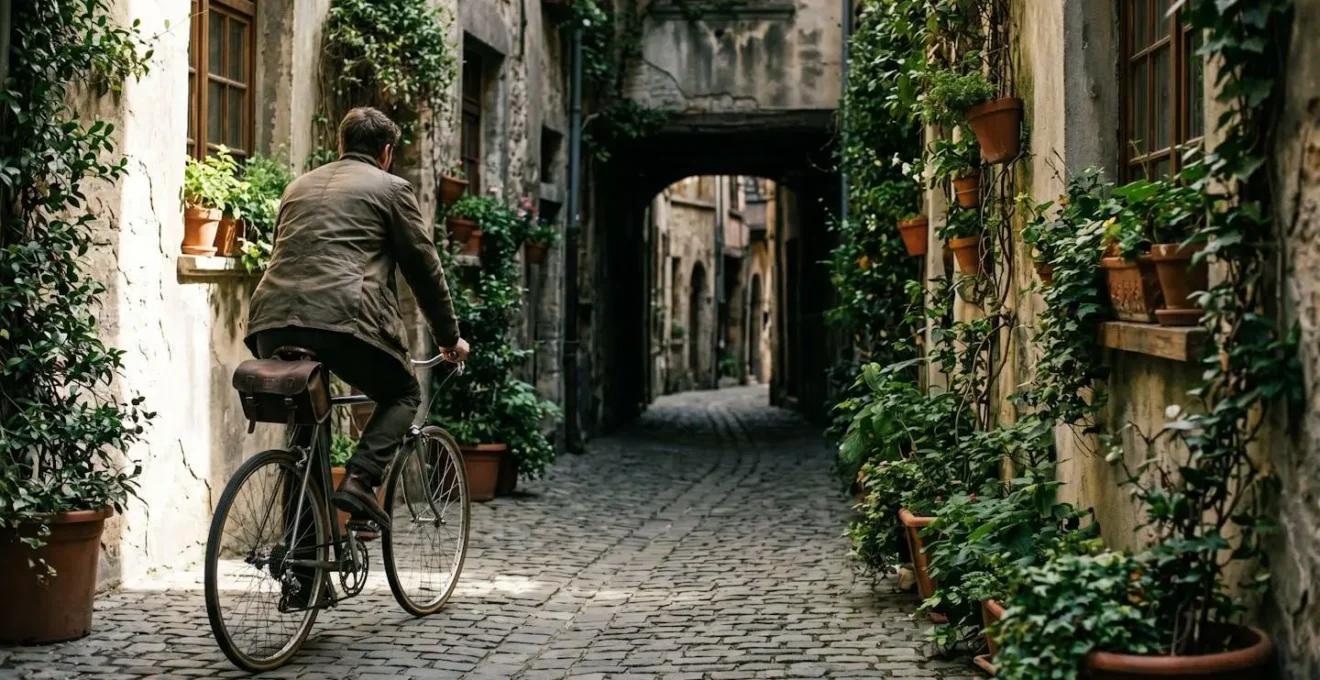 Vue arrière d'un cycliste sur un vélo de style vintage explorant une ruelle pavée et étroite, créant une atmosphère de découverte urbaine.