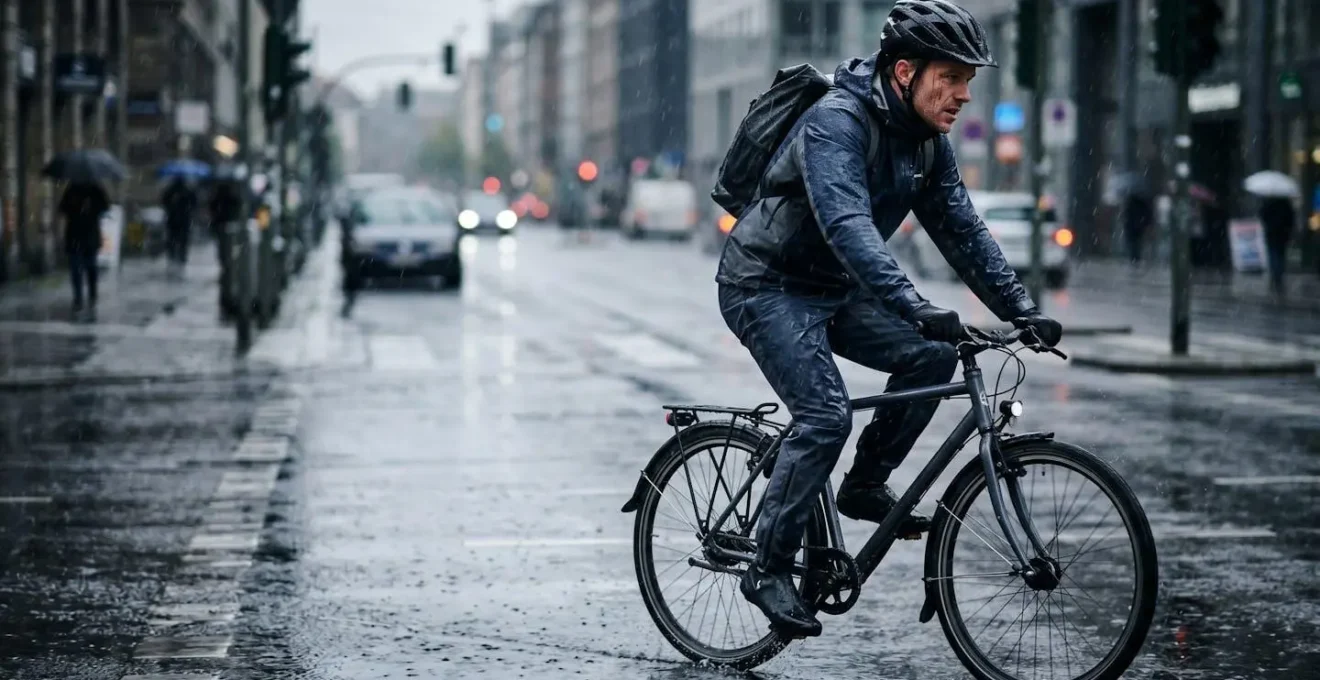 Cycliste équipé pour la pluie montrant le système complet de protection imperméable