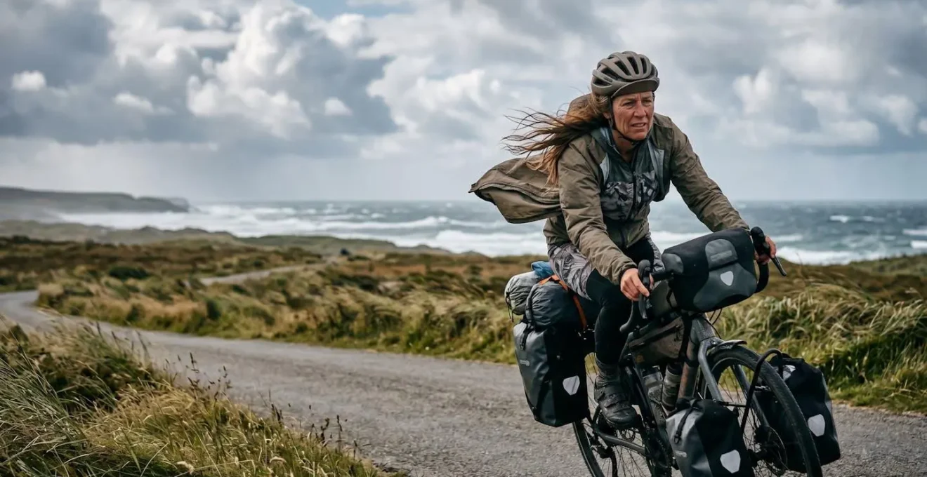 Cycliste luttant contre le vent latéral sur une route exposée avec équipement complet