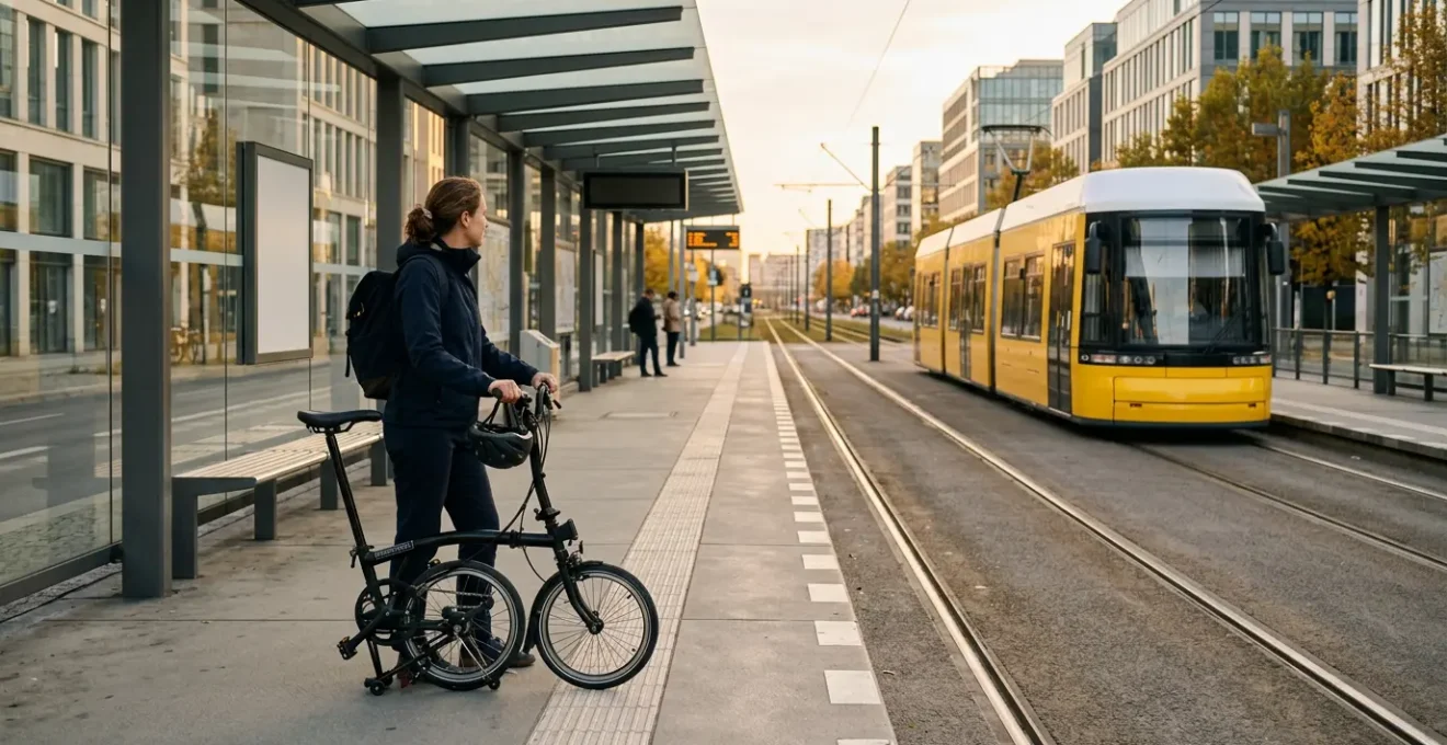 Cycliste avec son vélo pliant attendant devant un tramway en ville