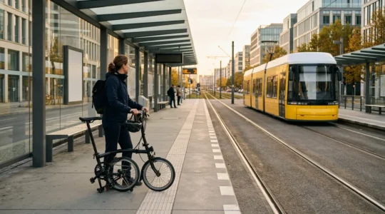 Cycliste avec son vélo pliant attendant devant un tramway en ville