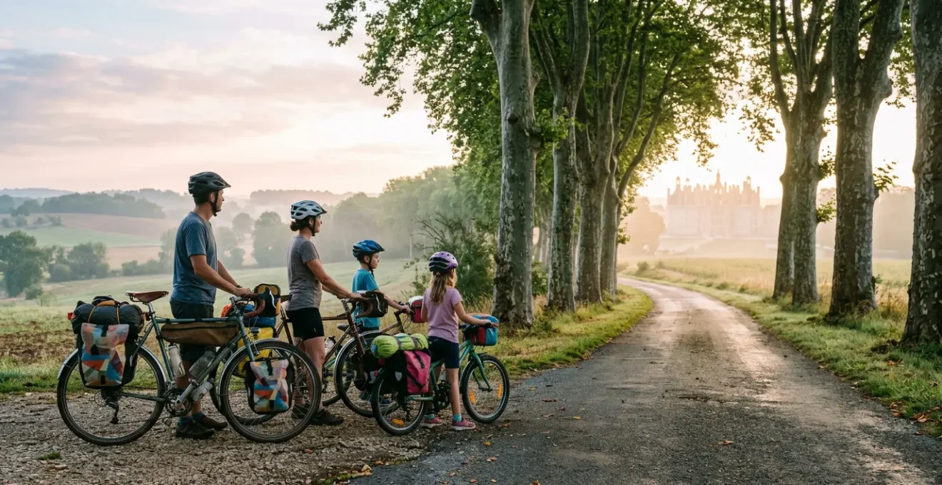 Famille à vélo devant un château de la Loire avec sacoches de voyage sur une piste cyclable verdoyante