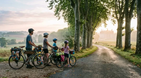 Famille à vélo devant un château de la Loire avec sacoches de voyage sur une piste cyclable verdoyante
