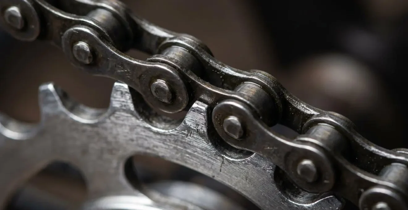 Détail macro d'une transmission pignon fixe montrant la chaîne sous tension