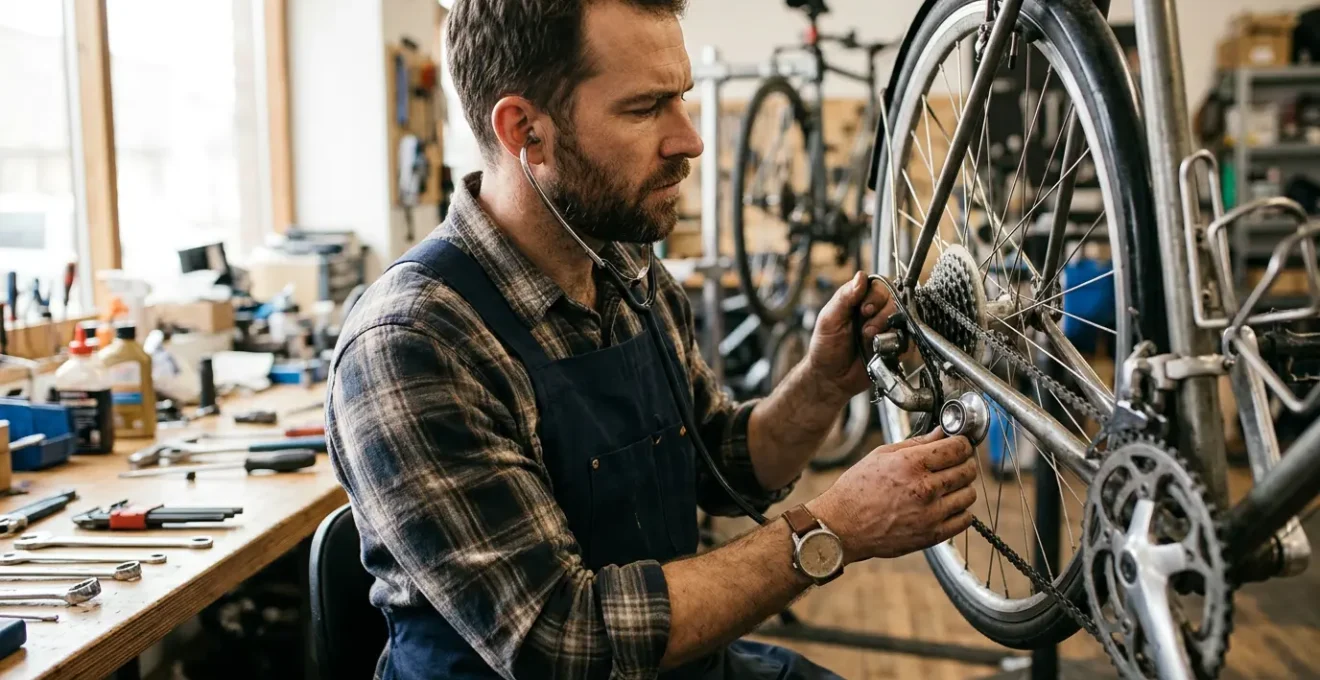 Mécanicien de vélo utilisant un stéthoscope mécanique pour diagnostiquer des bruits suspects sur la transmission d'un vélo dans un atelier éclairé