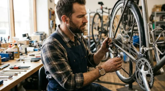 Mécanicien de vélo utilisant un stéthoscope mécanique pour diagnostiquer des bruits suspects sur la transmission d'un vélo dans un atelier éclairé