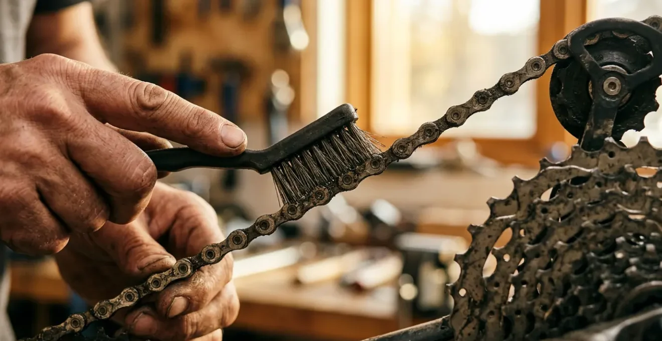 Gros plan sur les mains d'un mécanicien entretenant une transmission de vélo avec chaîne et cassette