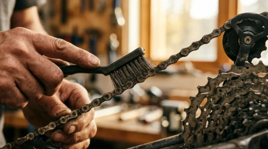 Gros plan sur les mains d'un mécanicien entretenant une transmission de vélo avec chaîne et cassette
