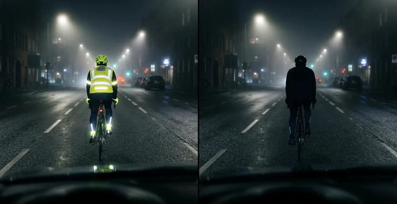 Comparaison visuelle entre cycliste équipé de réflecteurs et cycliste en vêtements sombres, vue nocturne avec phares de voiture
