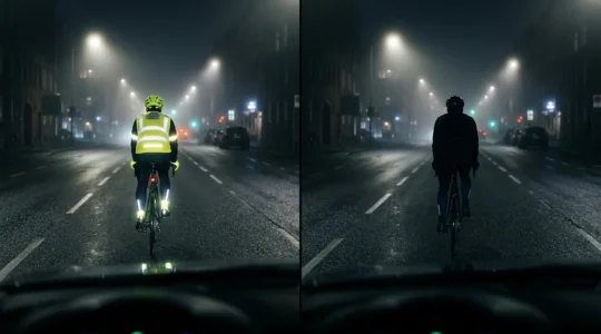 Comparaison visuelle entre cycliste équipé de réflecteurs et cycliste en vêtements sombres, vue nocturne avec phares de voiture