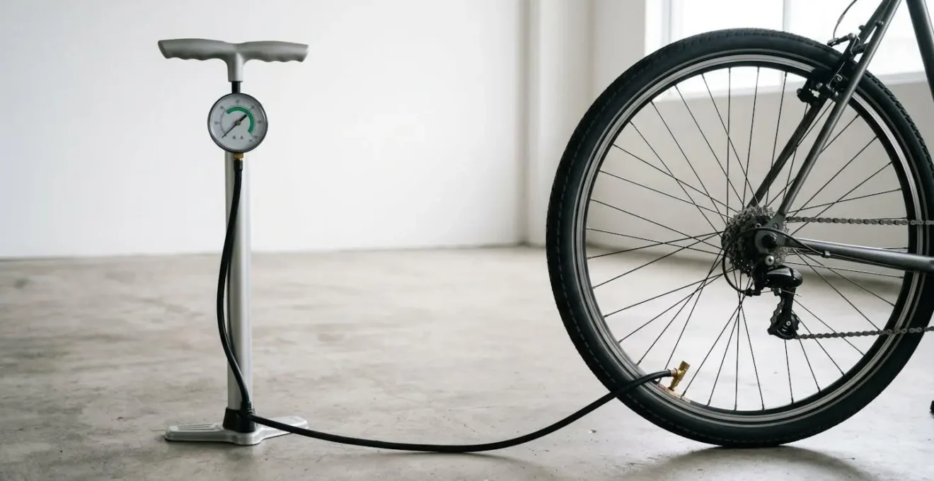 Pompe avec manomètre montrant la pression optimale sur un pneu de vélo