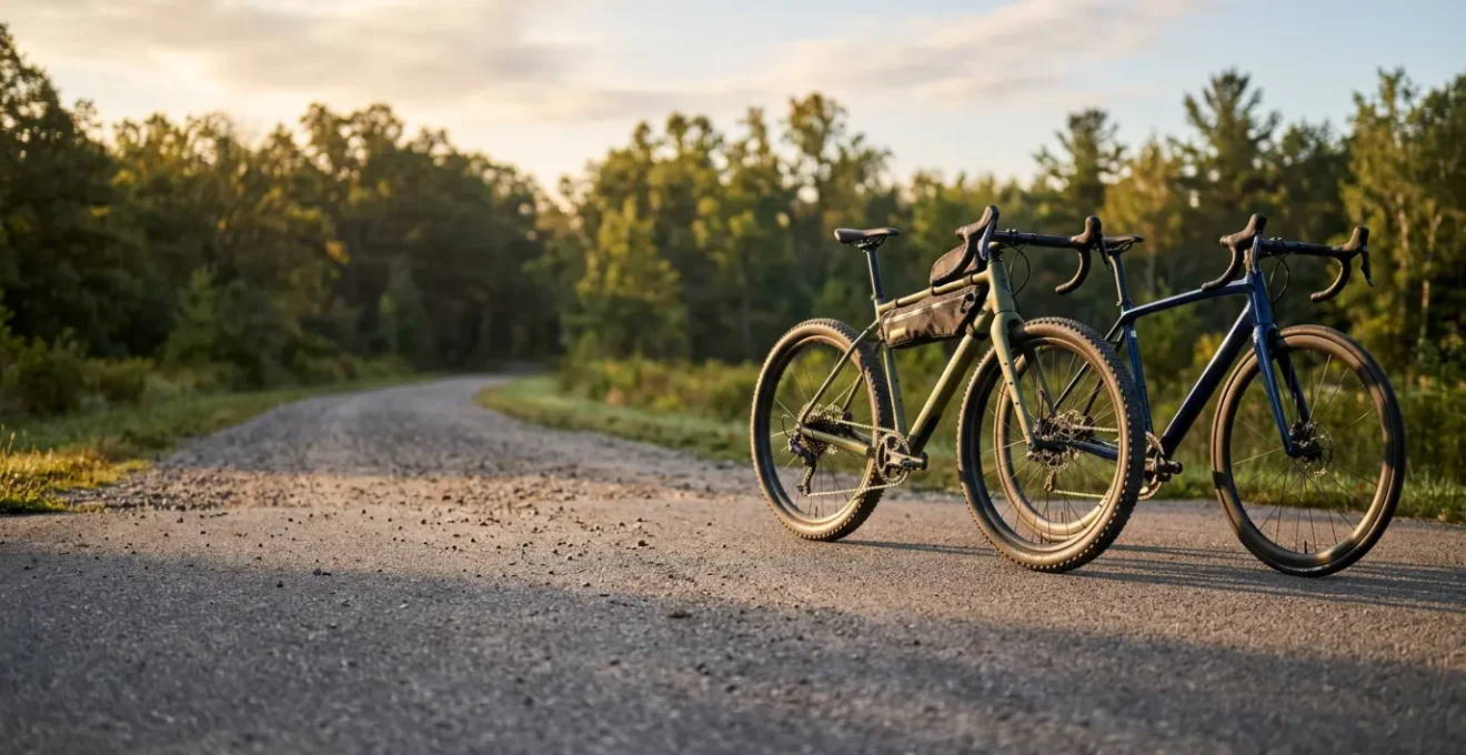 Deux vélos côte à côte sur un sentier mixte montrant la différence entre un gravel et un route endurance