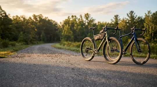 Deux vélos côte à côte sur un sentier mixte montrant la différence entre un gravel et un route endurance