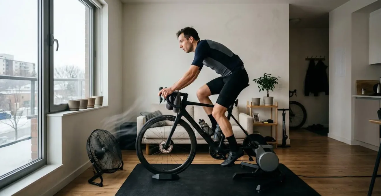 Cycliste s'entraînant sur home trainer dans un appartement moderne avec ventilateur et équipement connecté