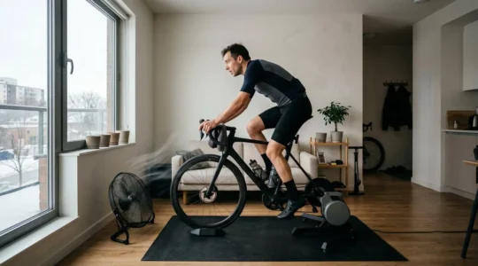 Cycliste s'entraînant sur home trainer dans un appartement moderne avec ventilateur et équipement connecté