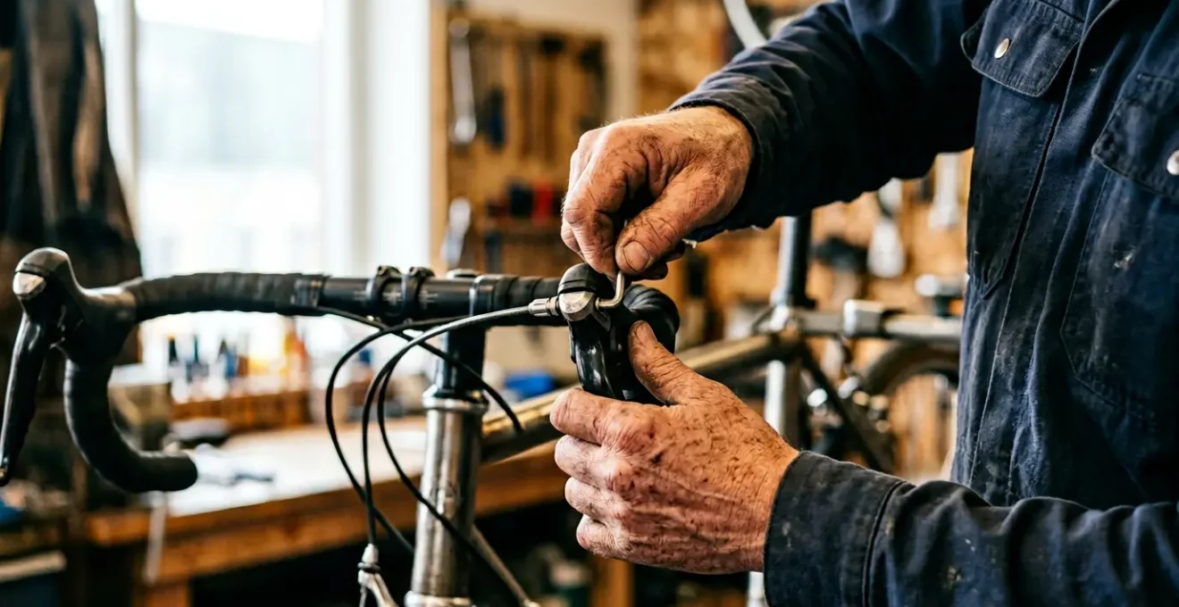 Mécanicien vélo ajustant avec précision la tension d'un câble de frein sur un vélo dans un atelier professionnel