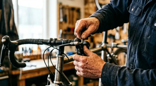 Mécanicien vélo ajustant avec précision la tension d'un câble de frein sur un vélo dans un atelier professionnel
