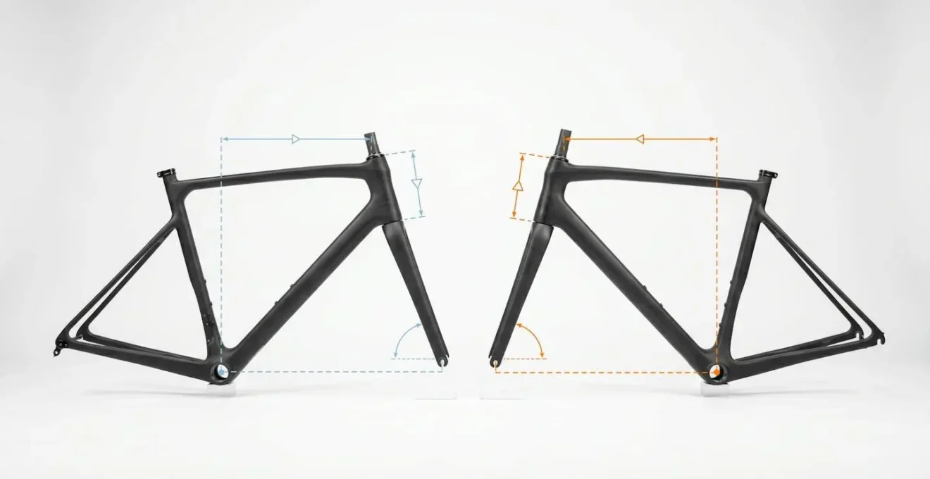 Comparaison visuelle des mesures stack et reach sur deux géométries de vélo différentes