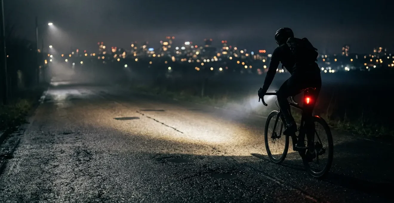 Cycliste roulant de nuit avec un phare avant éclairant la route sombre devant lui