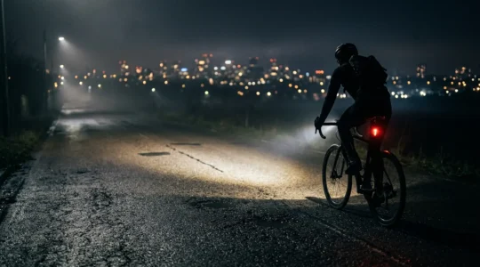 Cycliste roulant de nuit avec un phare avant éclairant la route sombre devant lui