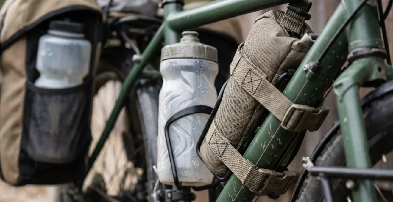 Vue détaillée d'un vélo avec différentes solutions de portage d'eau réparties stratégiquement
