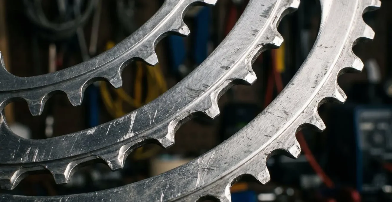 Gros plan sur différentes tailles de plateaux de vélo montrant l'impact sur le développement