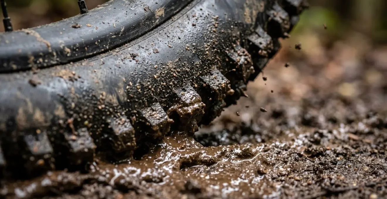 Gros plan sur un pneu VTT se déformant dans la boue montrant l'augmentation de la surface de contact