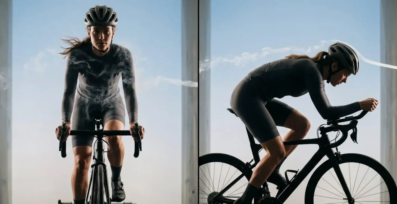 Comparaison entre une position cycliste redressée et une position aérodynamique, montrant l'impact sur la résistance à l'air.