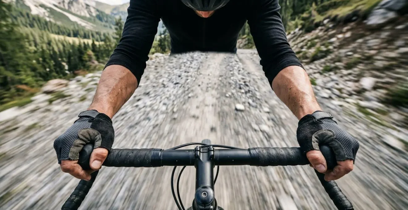 Vue aérienne des mains d'un cycliste sur guidon avec flare en position descente