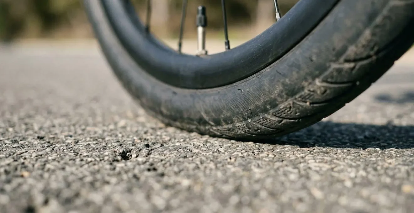 Gros plan sur la zone de contact d'un pneu de vélo route avec le sol, montrant la déformation optimale de la gomme