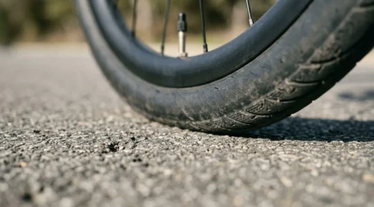 Gros plan sur la zone de contact d'un pneu de vélo route avec le sol, montrant la déformation optimale de la gomme