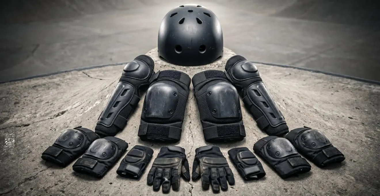 Équipements de protection BMX disposés en pyramide avec casque, genouillères et protections