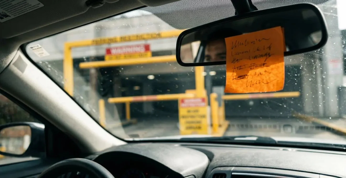 Intérieur de voiture avec note adhésive colorée sur le rétroviseur et vue du parking avec panneau de limitation de hauteur
