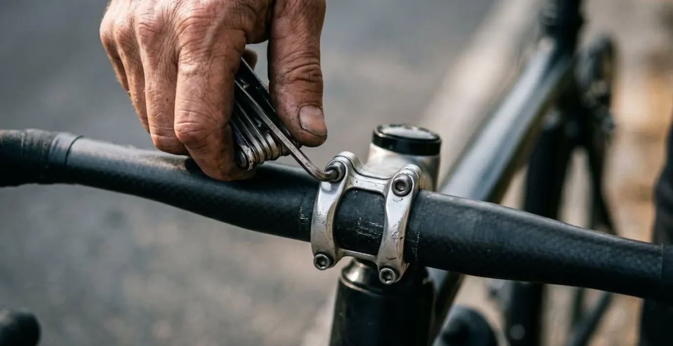 Cycliste ajustant la hauteur du guidon sur un vélo de route, vue de profil