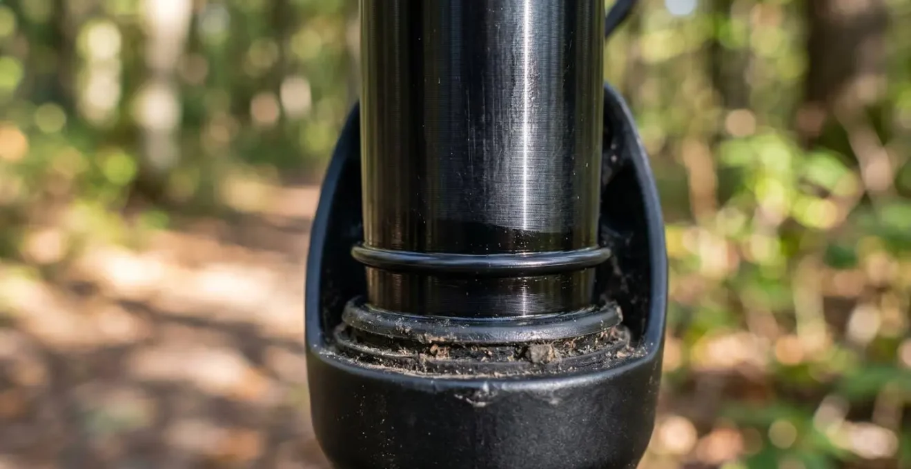 Gros plan sur une fourche VTT avec joint torique de mesure du SAG
