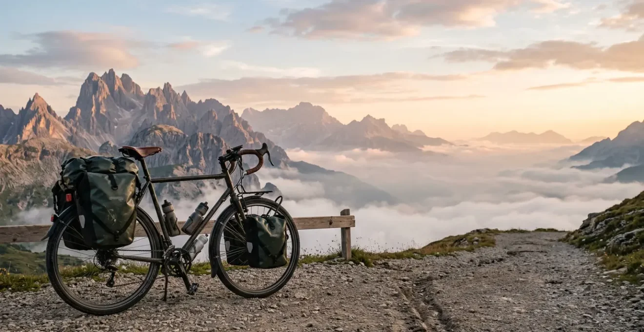 Vélo de cyclotourisme chargé de sacoches sur une route de montagne au lever du soleil