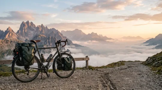 Vélo de cyclotourisme chargé de sacoches sur une route de montagne au lever du soleil