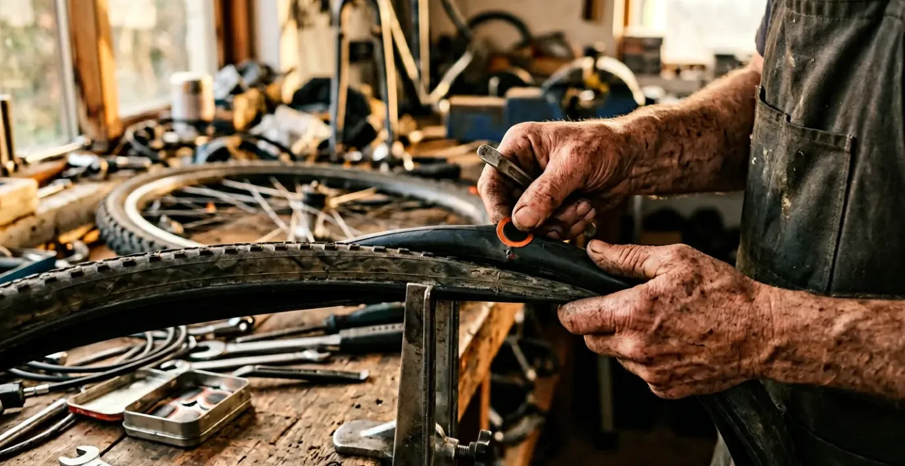 Mains expertes réparant une crevaison de vélo avec outils spécialisés