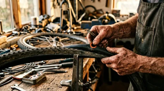Mains expertes réparant une crevaison de vélo avec outils spécialisés