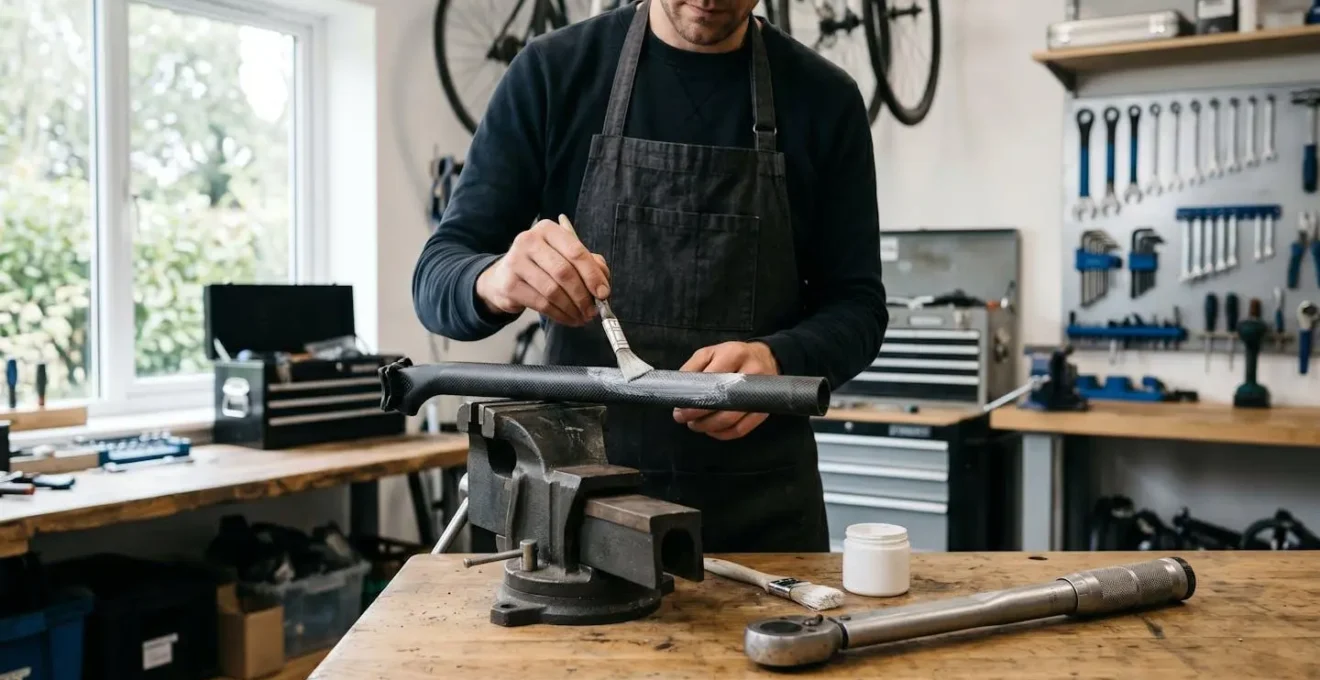 Application de pâte d'assemblage carbone sur une tige de selle avec clé dynamométrique à proximité
